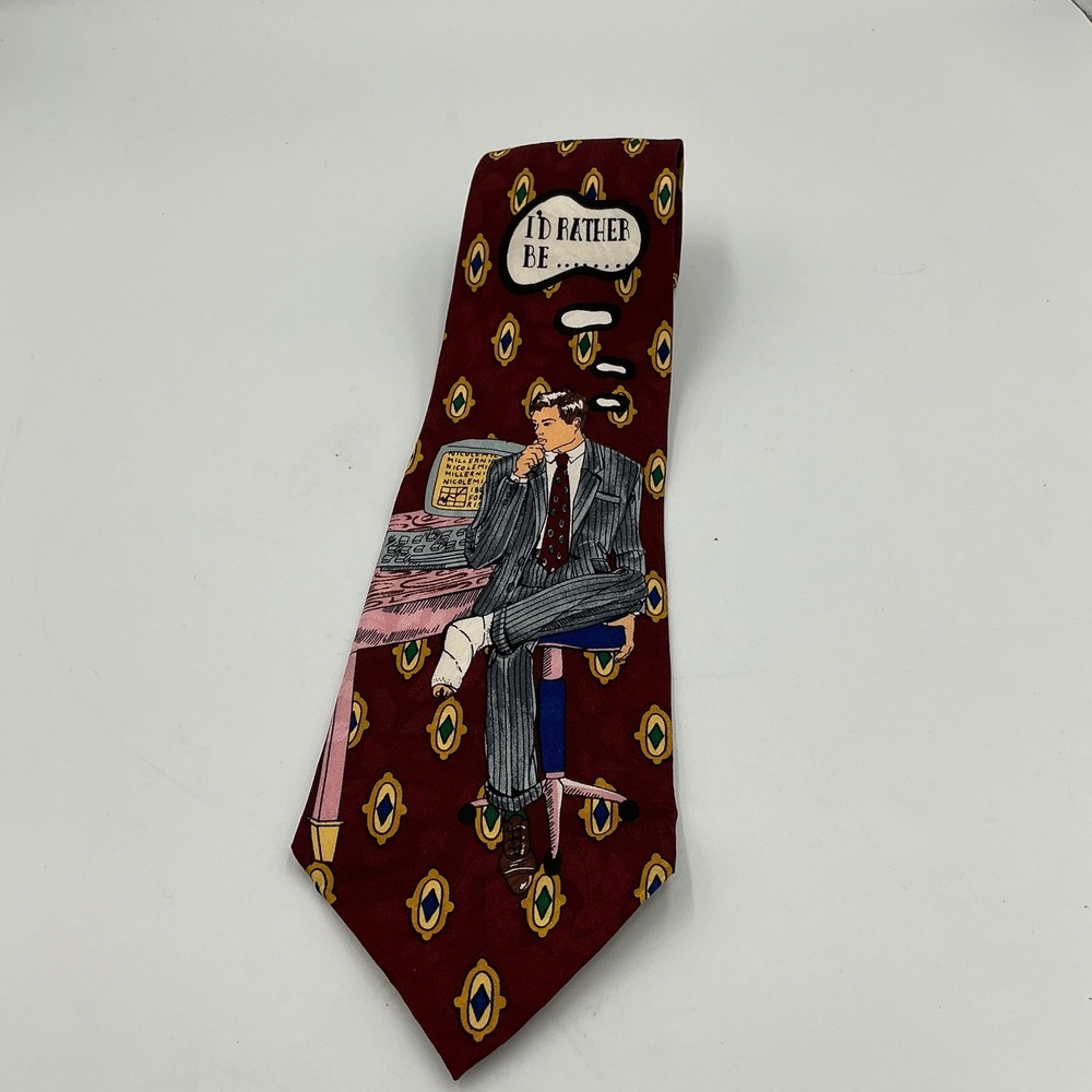 Nicole Miller Mens Burgundy Silk Tie I'd Rather Be Skiing Office Humor